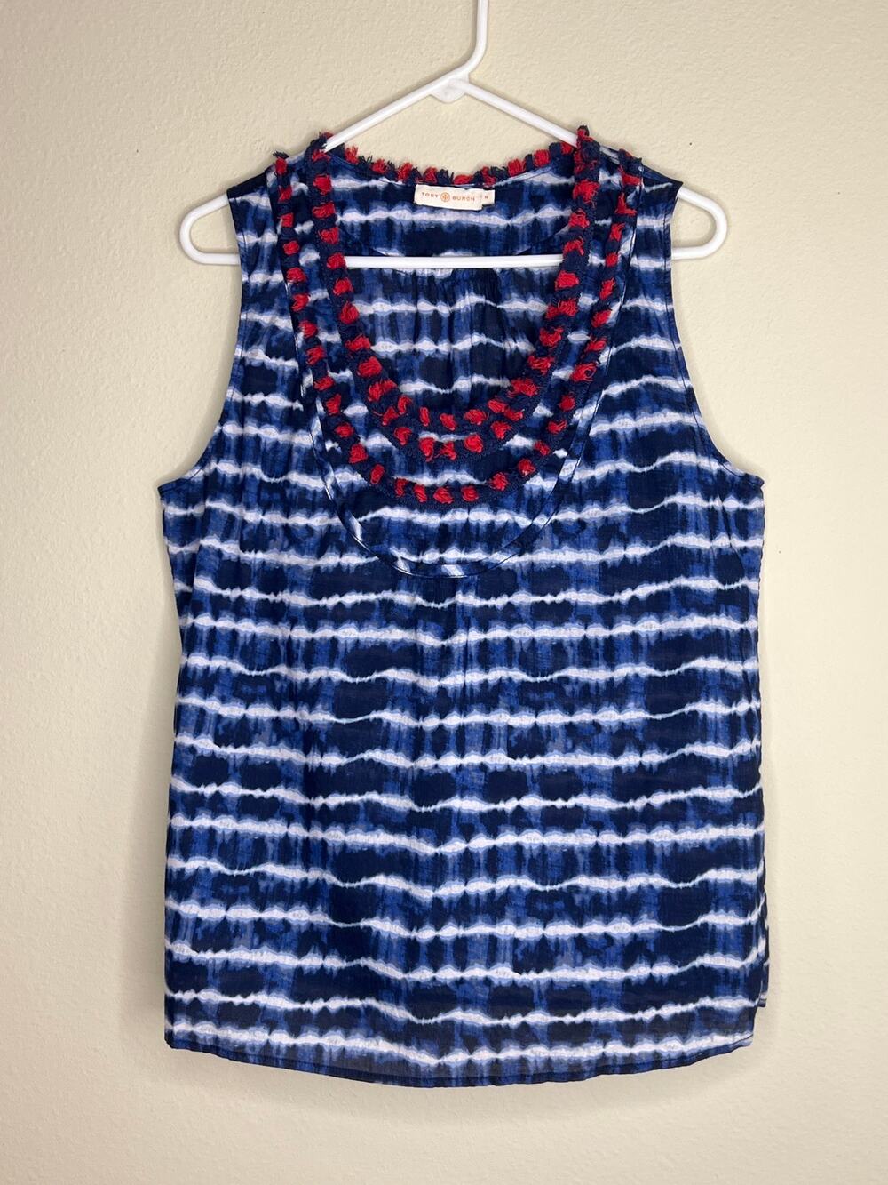 Tory Burch Shibori Tie Dye Striped Sleeveless Top Red and Blue Fringe Top LG/14